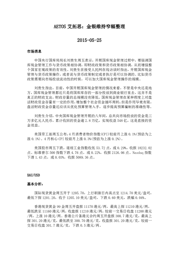 金银维持窄幅整理