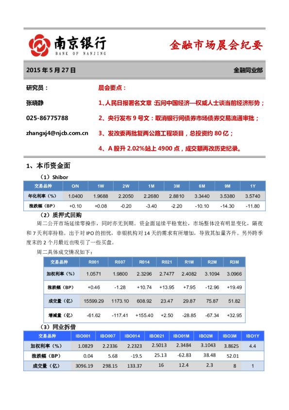 金融市场晨会纪要