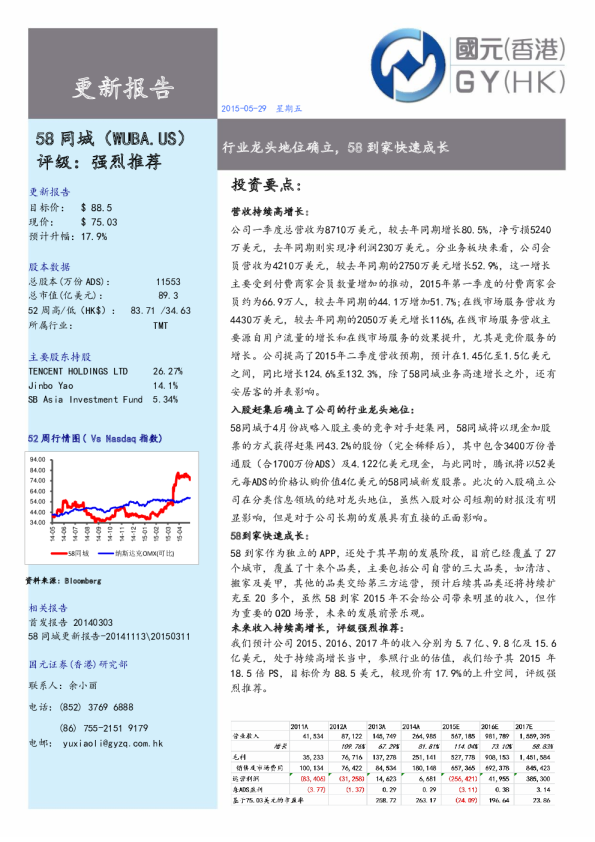 58同城(WUBA.US)：行业龙头地位确立 58到家快速成长