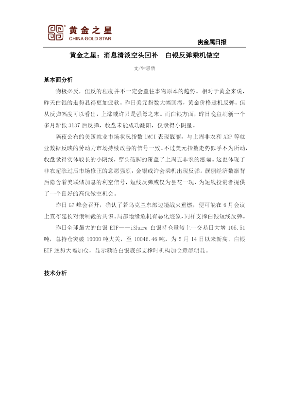 贵金属日报：消息清淡空头回补 白银反弹乘机做空