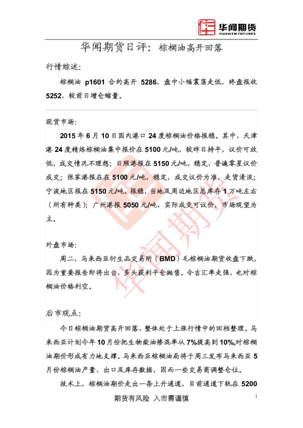 棕榈油高开回落