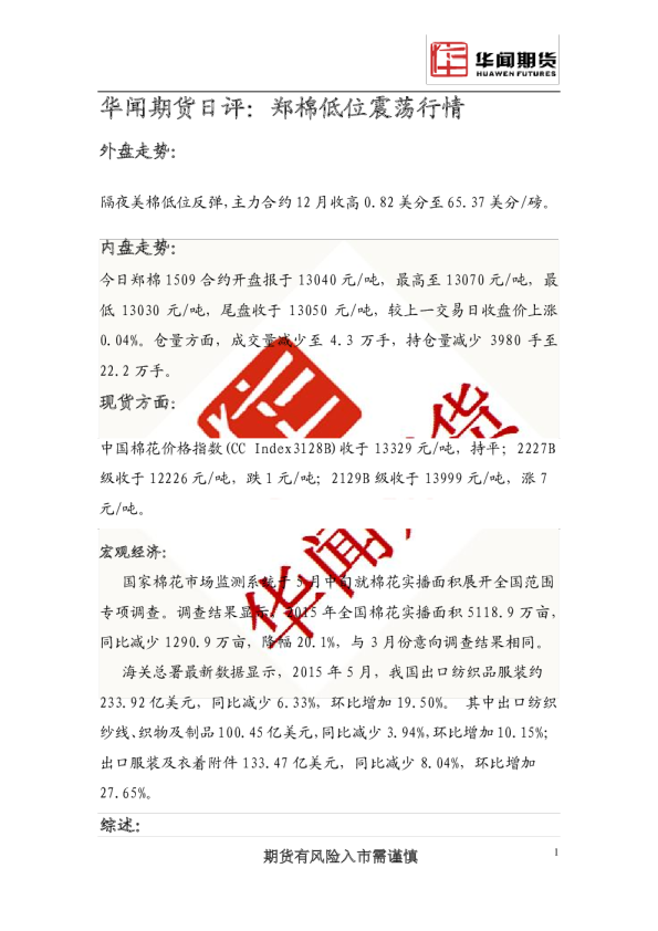 郑棉低位震荡行情