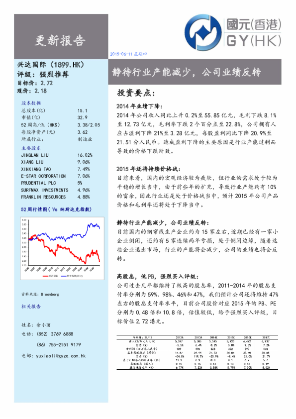 静待行业产能减少，公司业绩反转