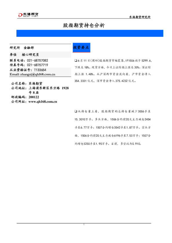 东海期货股指期货持仓分析