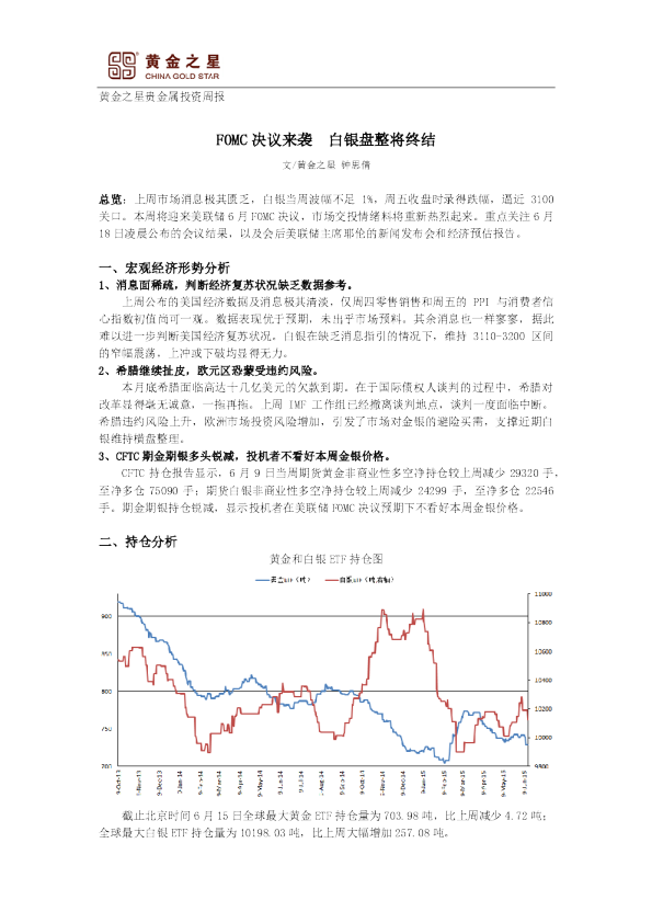 贵金属投资周报：FOMC决议来袭 白银盘整将终结