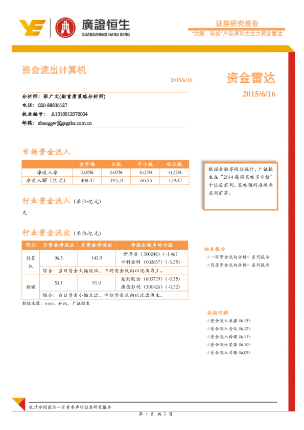“共振﹒转折”产品系列之主力资金雷达：资金流出计算机
