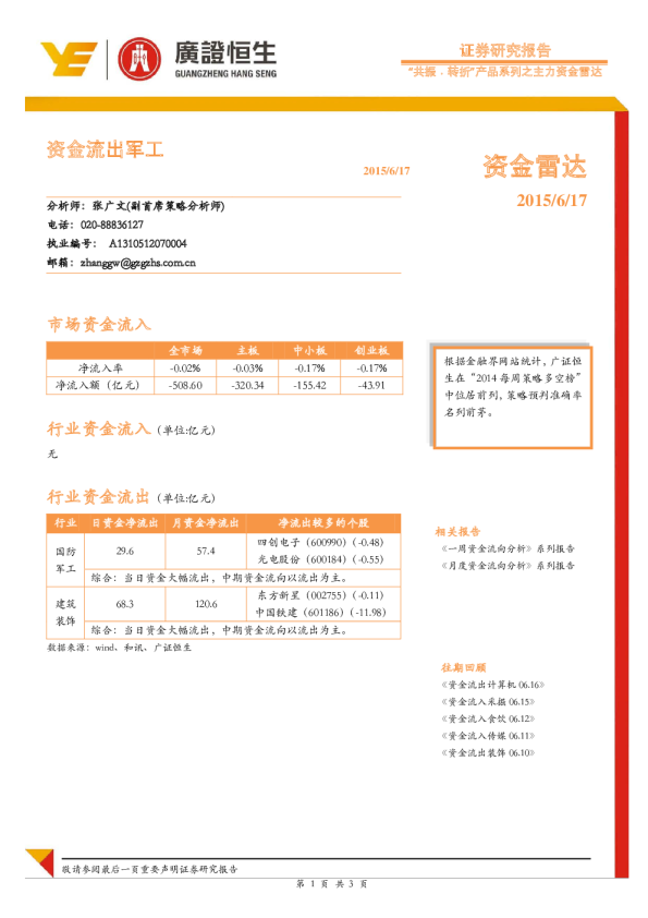 “共振·转折”产品系列之主力资金雷达：资金流出军工