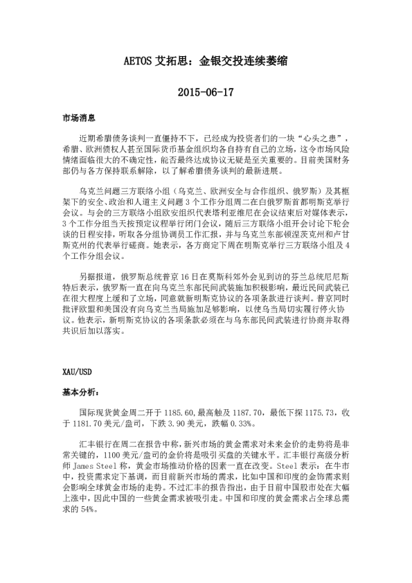 金银交投连续萎缩