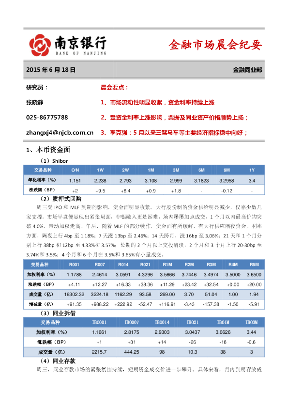 金融市场晨会纪要