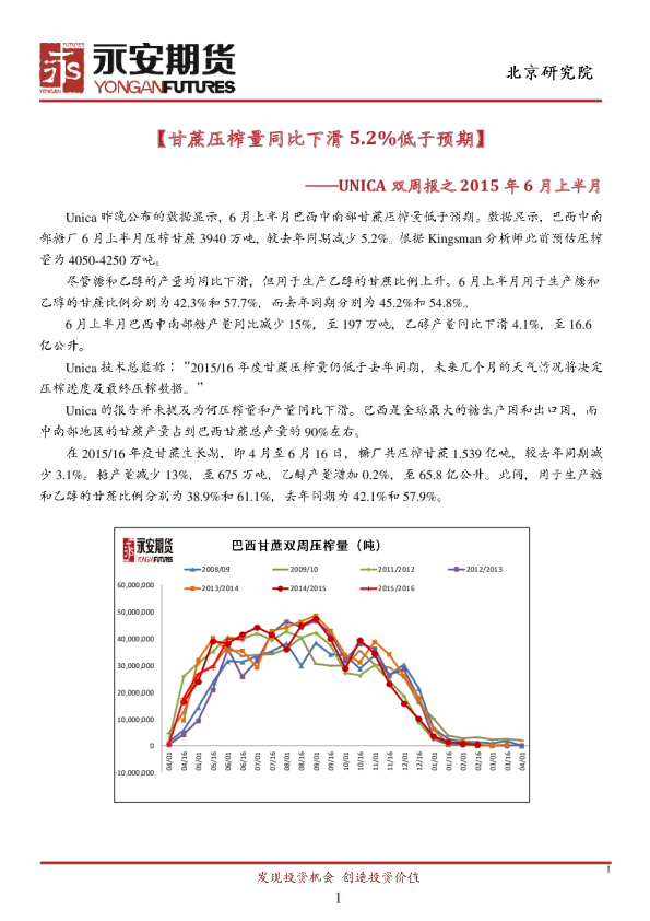 UNICA双周报之2015年6月上半月： 甘蔗压榨量同比下滑5.2%低于预期