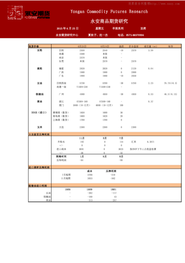 永安期货豆类油脂早报