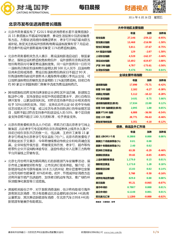 每日晨报：北京市发布促进消费增长措施
