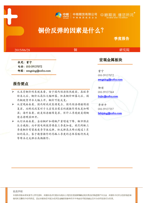 铜季度报告：铜价反弹的因素是什么？