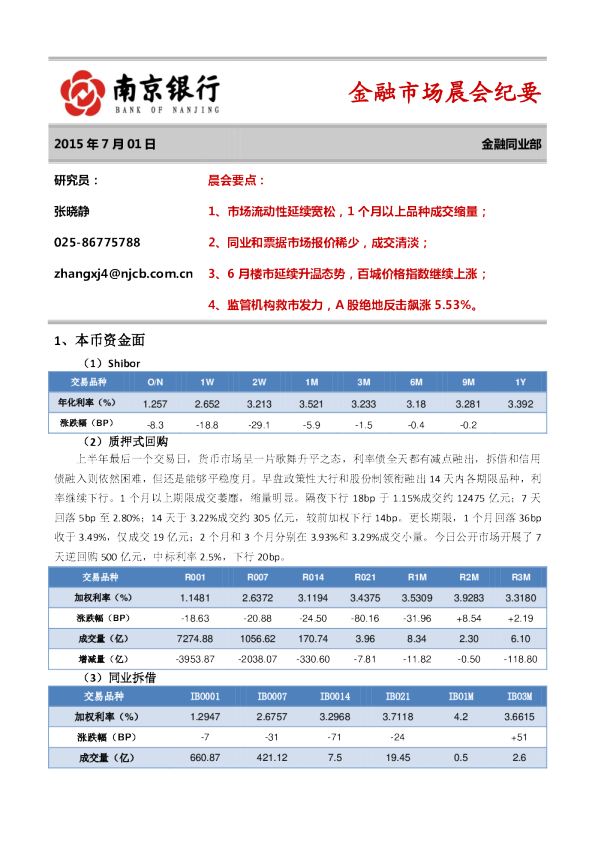金融市场晨会纪要