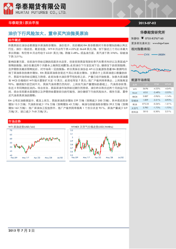 原油日报：油价下行风险加大,重申买汽油抛美原油