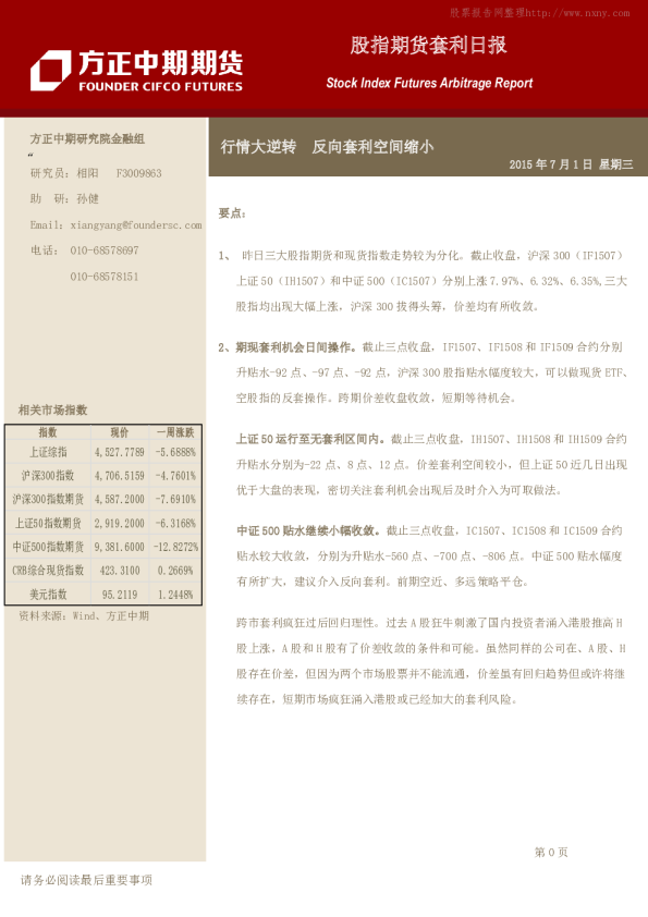 股指期货套利日报:行情大逆转,反向套利空间缩小