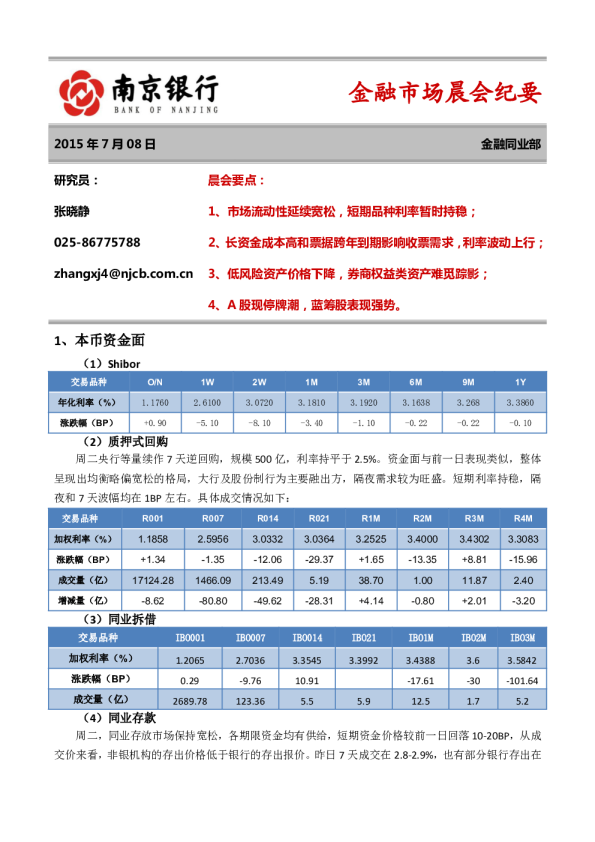 金融市场晨会纪要