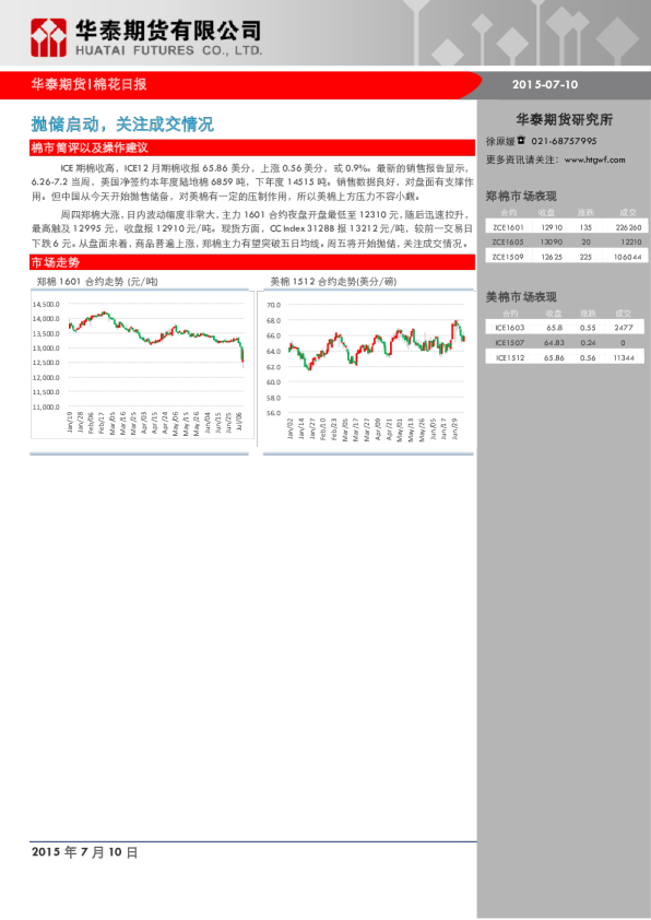 华泰期货棉花日报：抛储启动,关注成交情况