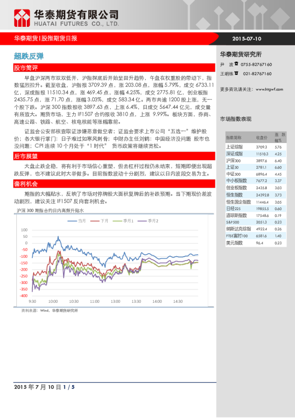 华泰期货股指日报：超跌反弹