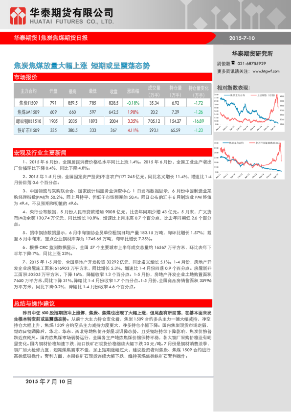 华泰期货焦炭焦煤期货日报：焦炭焦煤放量大幅上涨,短期或呈震荡态势