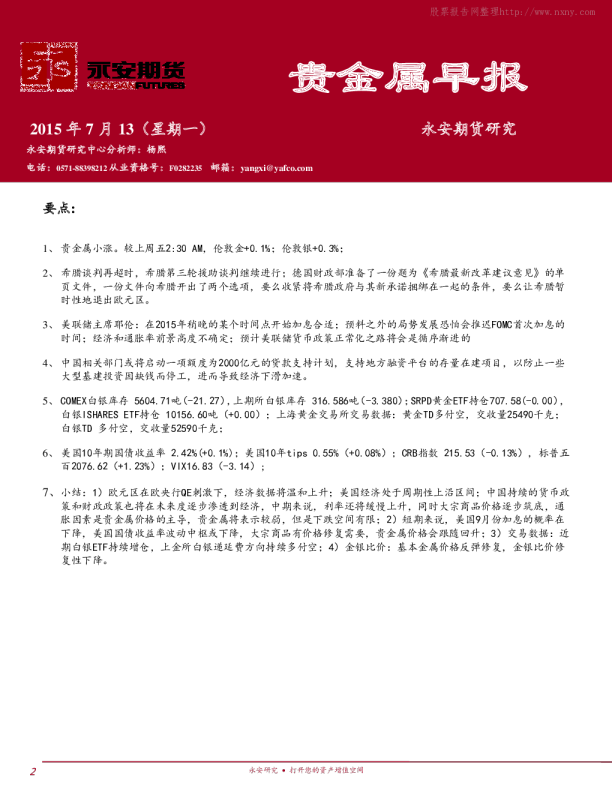 永安期货贵金属早报