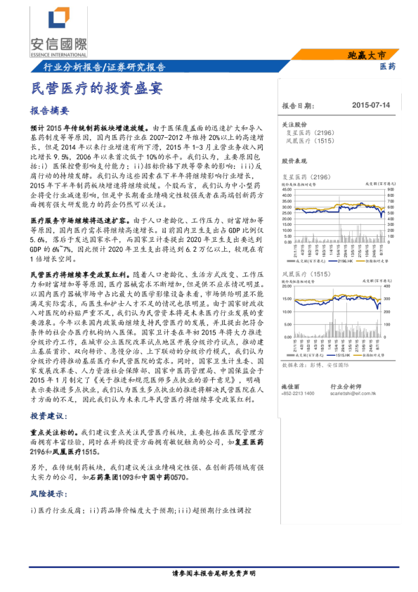 医药行业：民营医疗的投资盛宴