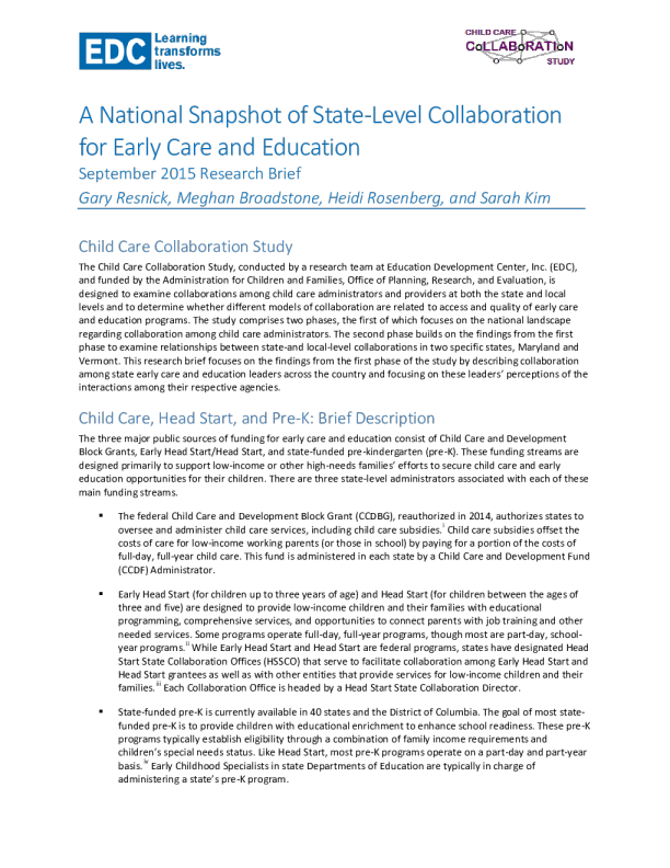 A National Snapshot of State-Level Collaboration for Early Care and Education