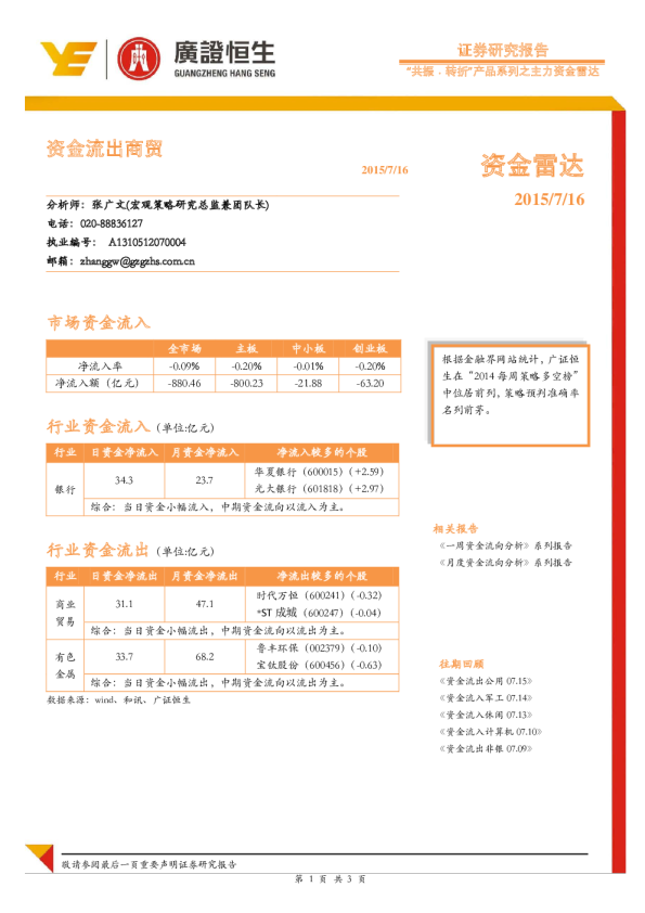 “共振﹒转折”产品系列之主力资金雷达：资金流出商贸