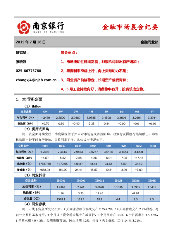 金融市场晨会纪要
