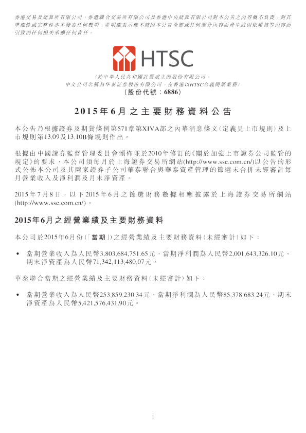 2015年6月之主要财务资料公告