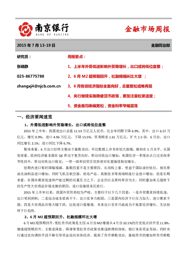 南京银行金融市场周报