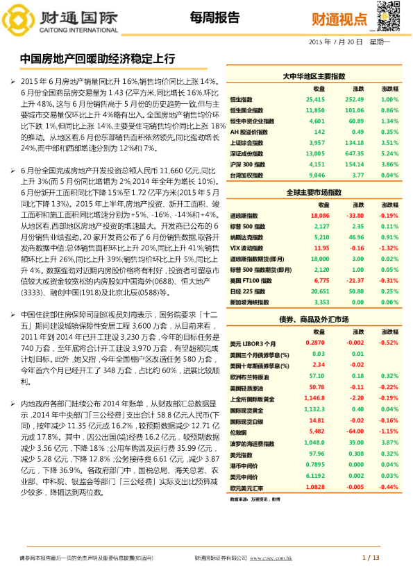 每周报告：中国房地产回暖助经济稳定上行