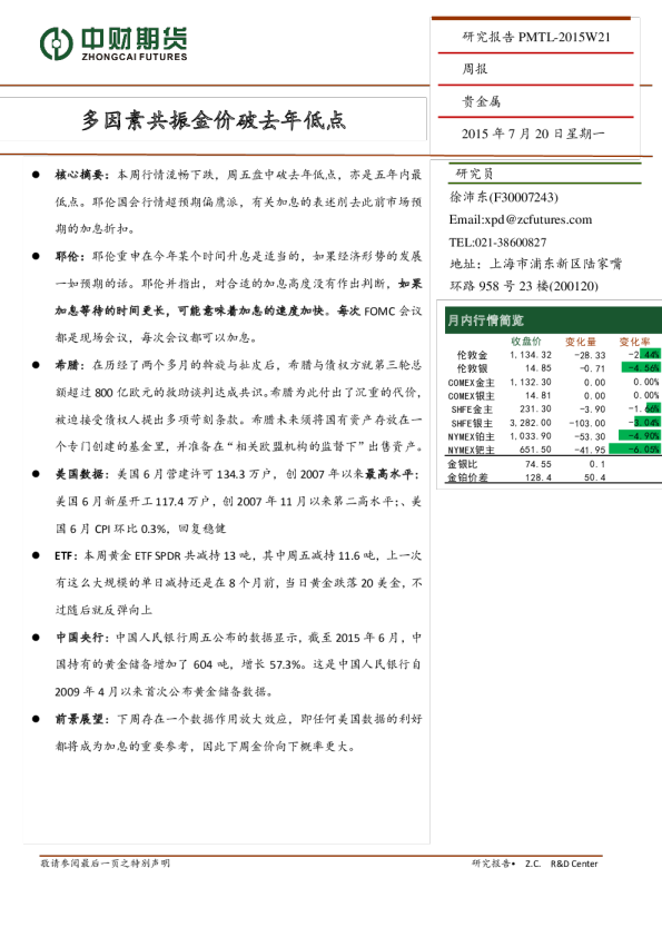 贵金属周报：多因素共振金价破去年低点