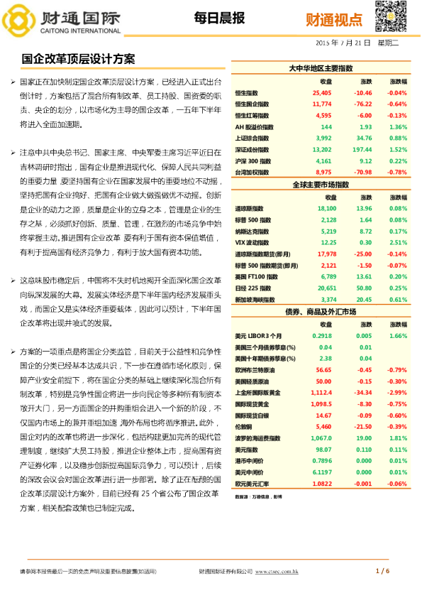 每日晨报：国企改革顶层设计方案
