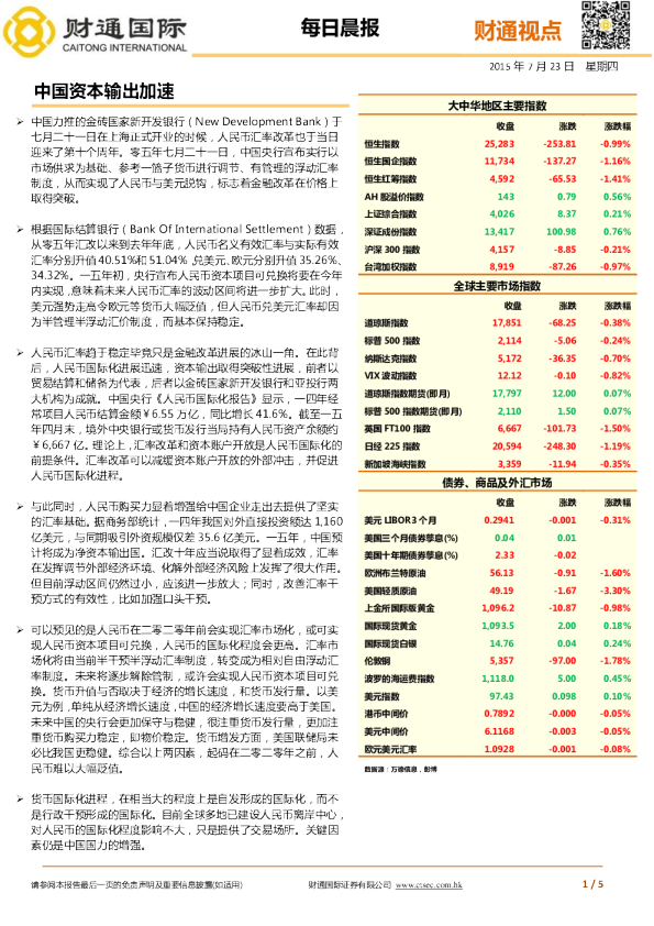每日晨报：中国资本输出加速