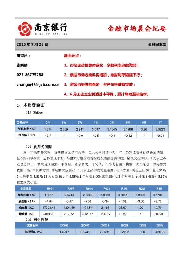 金融市场晨会纪要