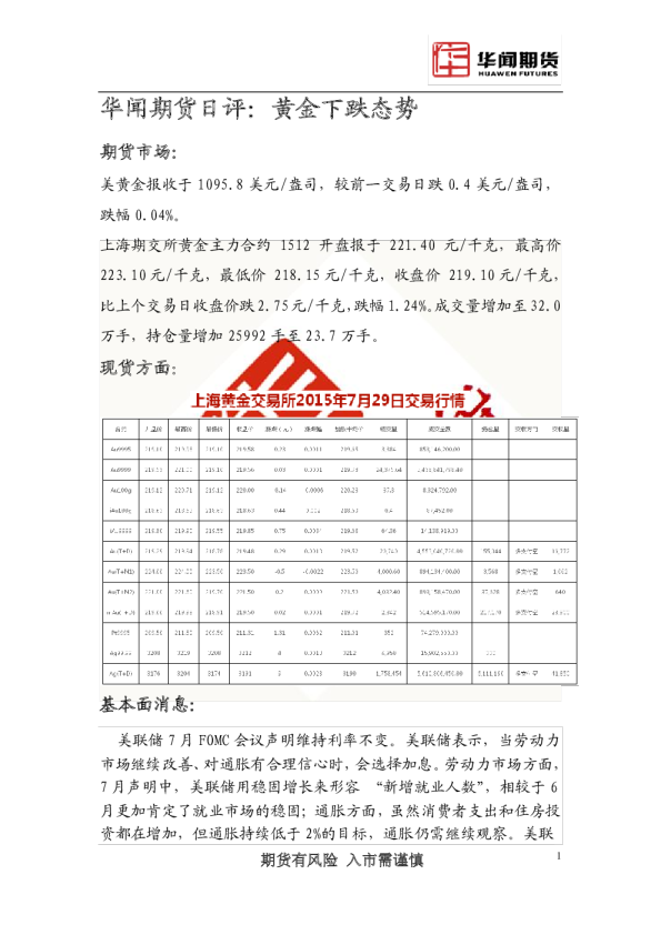 日评：黄金下跌态势