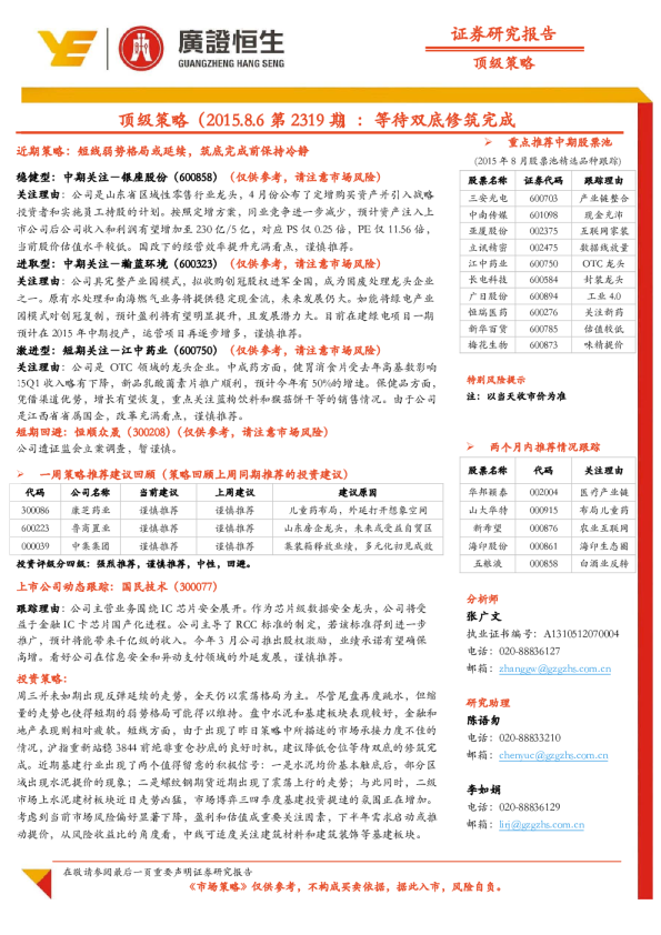顶级策略（2015.8.6第2319期）：等待双底修筑完成