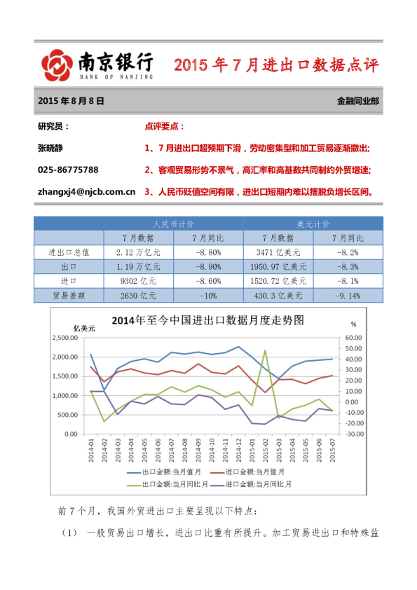 2015年7月进出口数据点评