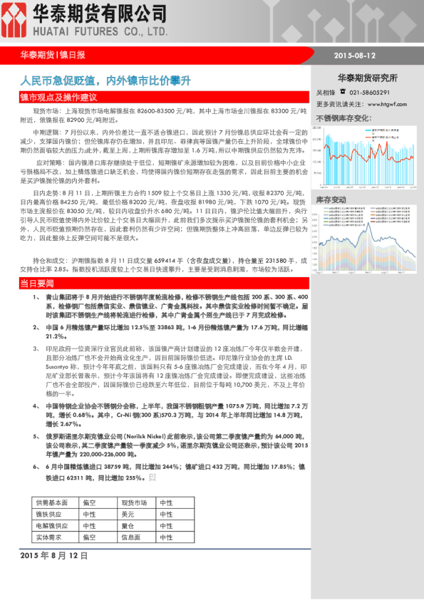 镍期货日报：人民币急促贬值,内外镍市比价攀升
