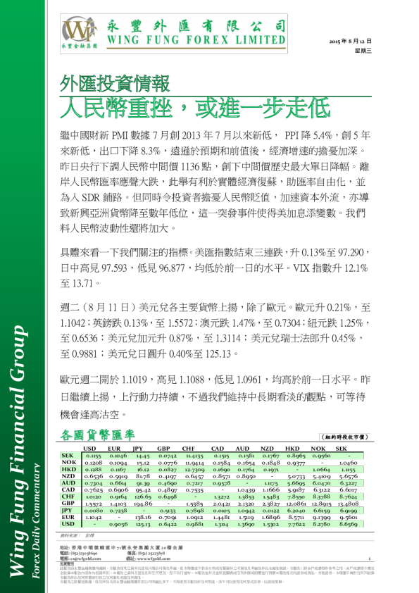 外汇投资情报：人民币重挫，或进一步走低
