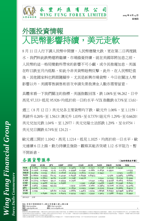 外汇投资情报：人民币影响持续,美元走软