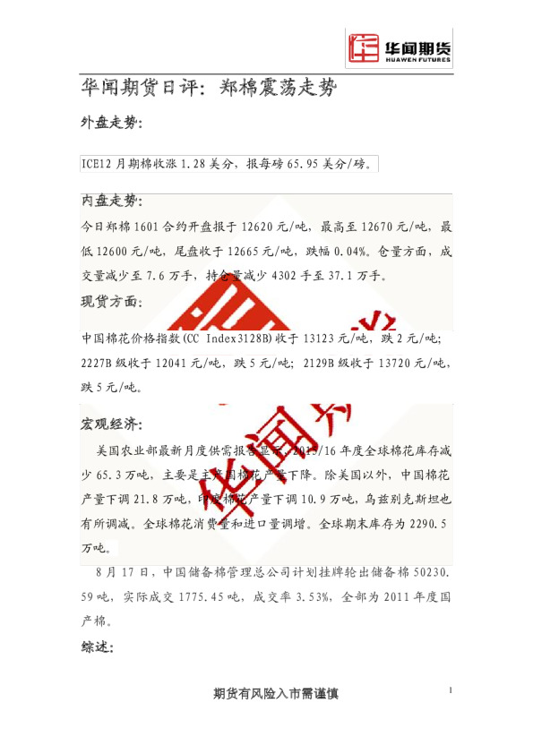 日评：郑棉震荡走势