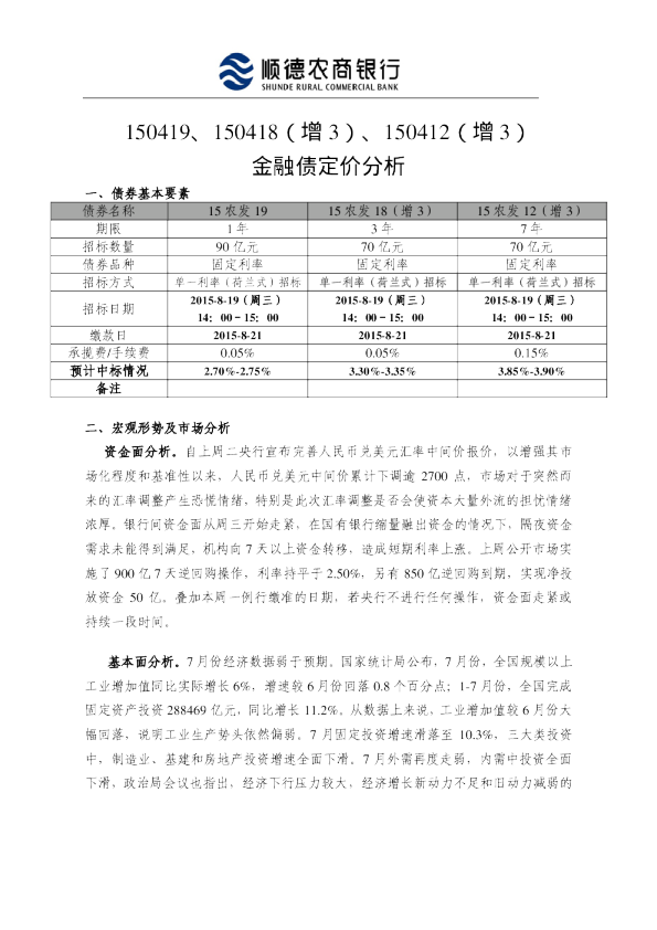 150419、150418（增3）、150412（增3）金融债定价分析
