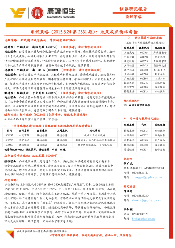 顶级策略（2015.8.24第2331期）：政策底正面临考验