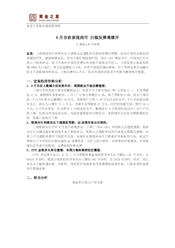 8月非农表现尚可 白银反弹难展开
