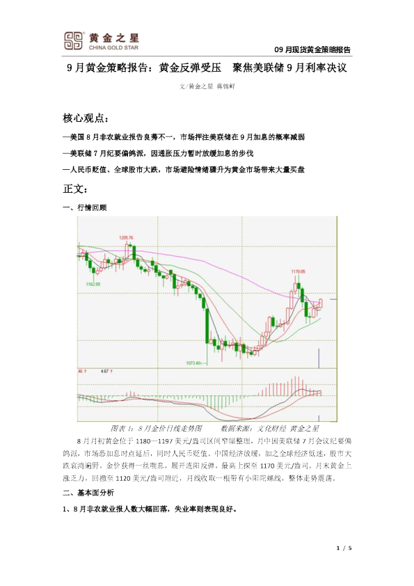 9月黄金策略报告：黄金反弹受压 聚焦美联储9月利率决议