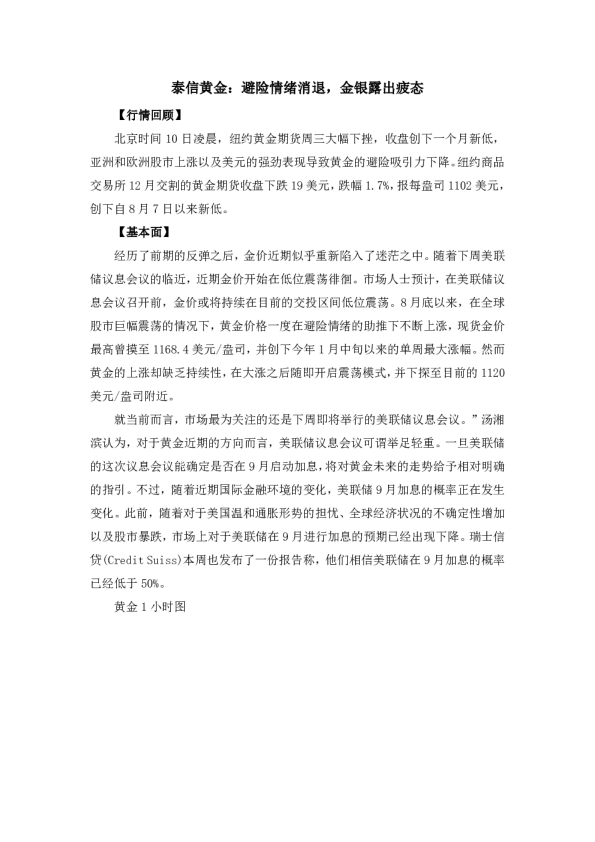 避险情绪消退，金银露出疲态