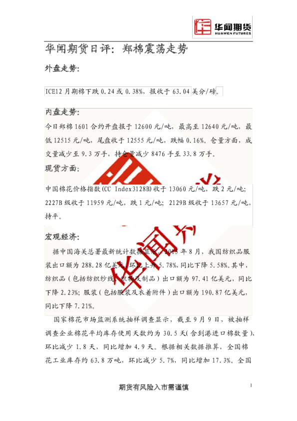 日评：郑棉震荡走势