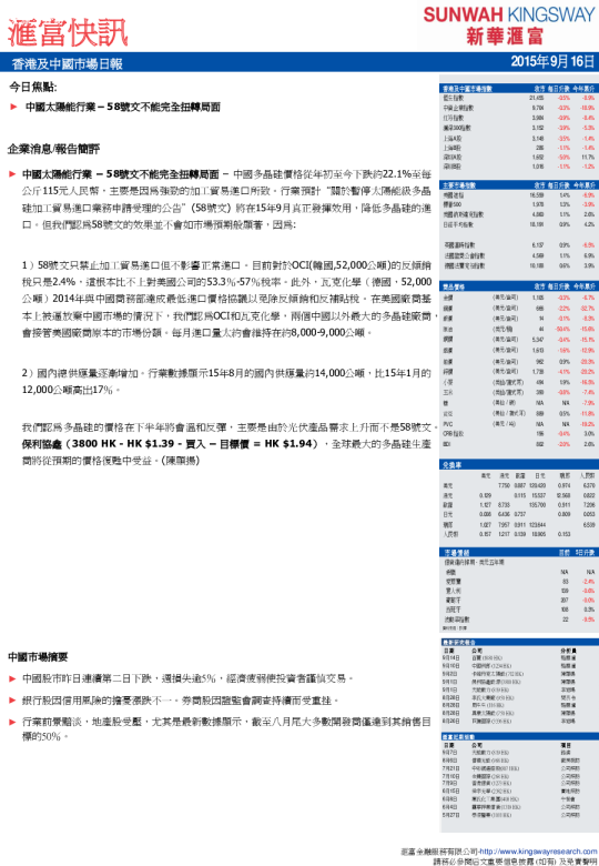 汇富快讯：香港及中国市场日报